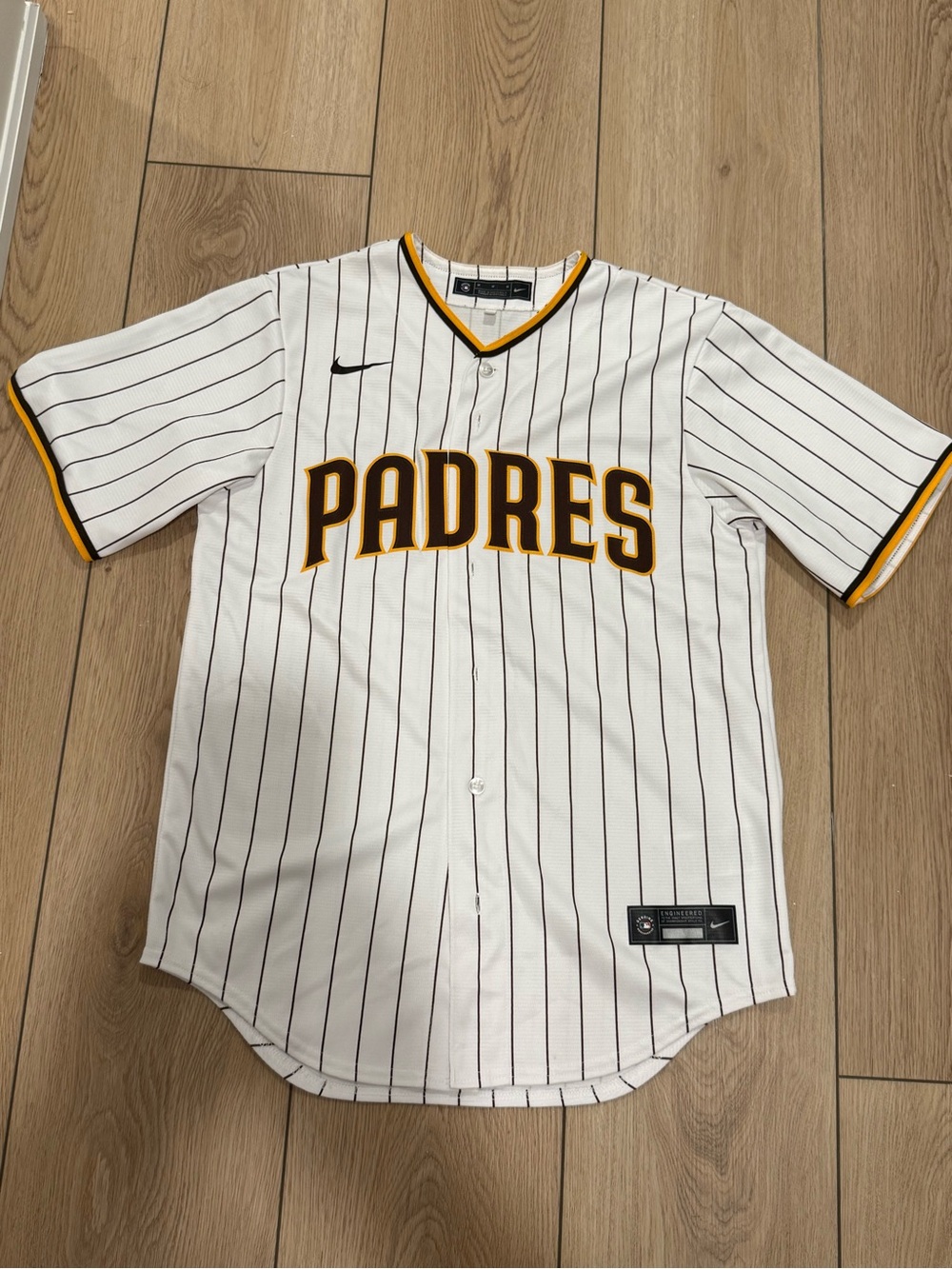 Nike White Padres Pinstripe Baseball Jersey with Brown and Gold Trim - Tatis 23